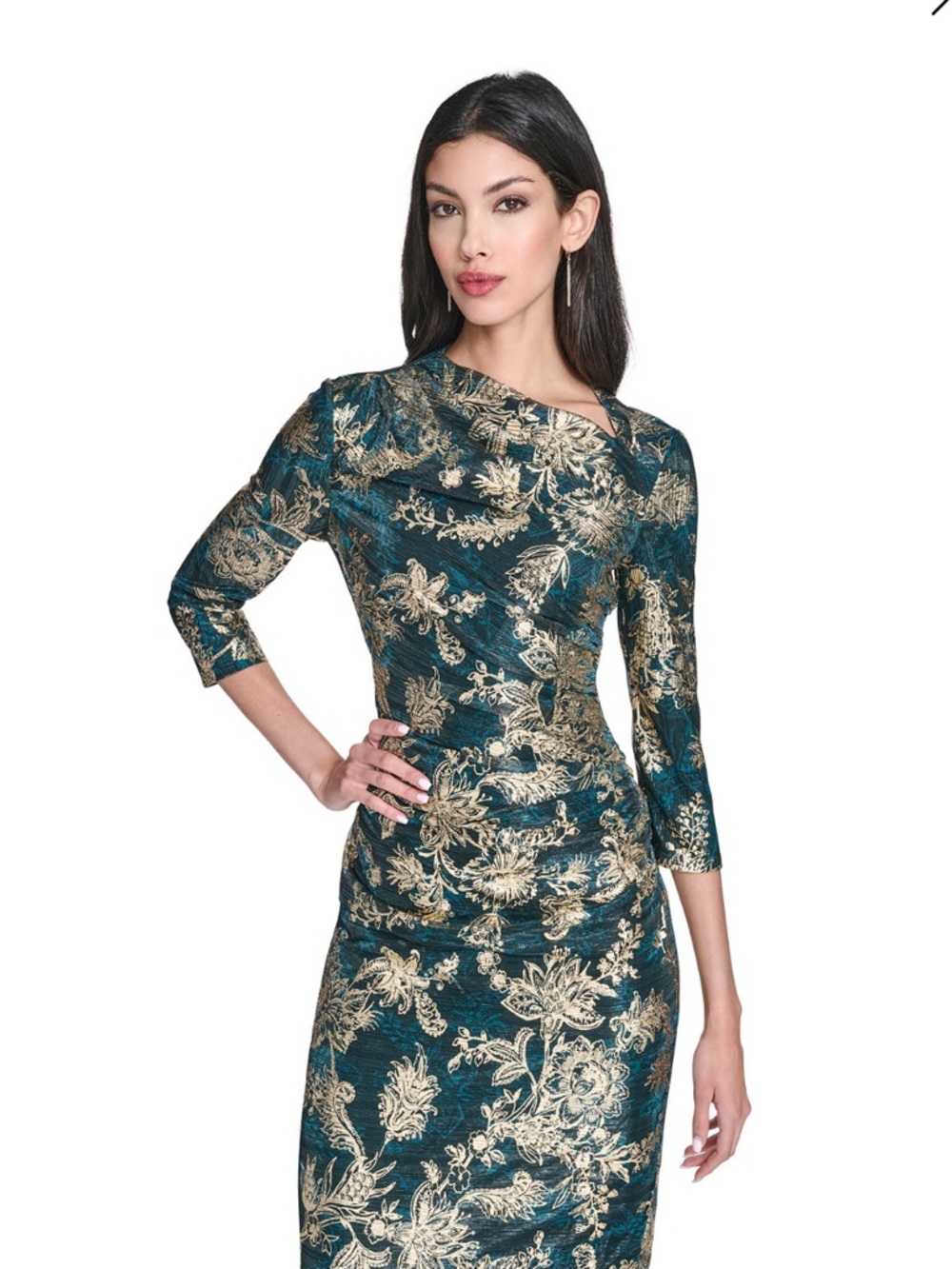Vince Camuto Metallic Crinkle Knit Dress Teal Gold 14 - Picture 4 of 9